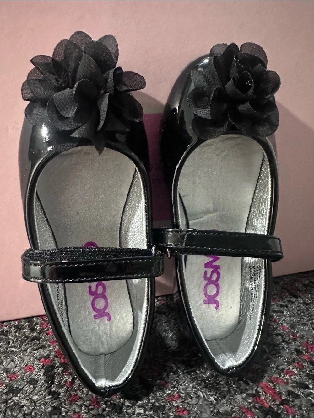 Josmo Black Patent Mary Janes with Black Flower Accent